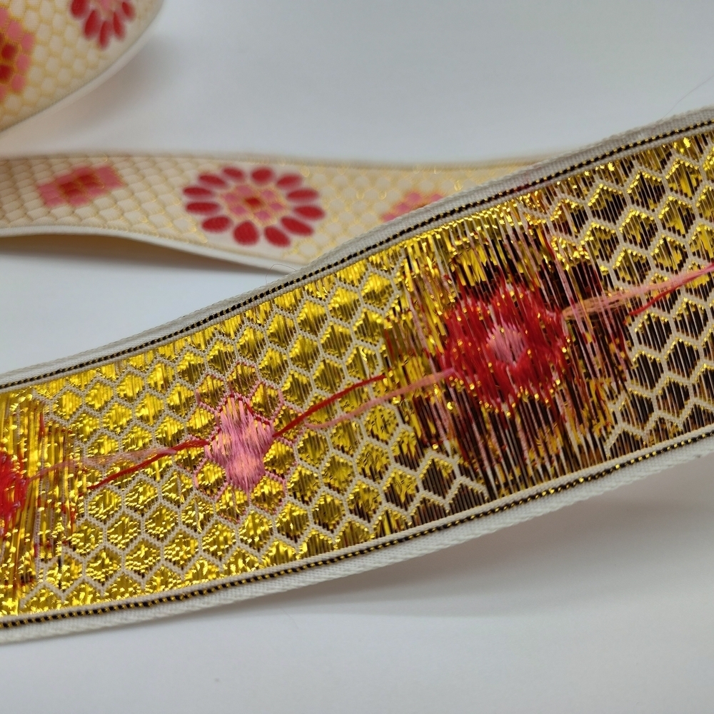Metallic Jacquard Floral Ribbon Ivory Gold Pink Red Two (2) Yards 1.5” - Picture 2 of 5
